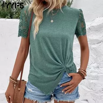 YYFS женские модные повседневные летние однотонные кружевные блузки и рубашки с короткими рукавами и круглым вырезом с принтом S зелёный