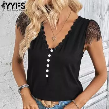 YYFS женские модные повседневные летние однотонные принты с короткими рукавами и кружевным v-образным вырезом блузки и рубашки S чёрный