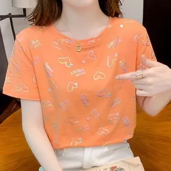 YYFS Женские модные повседневные летние весенние блузки и рубашки с коротким рукавом и круглым вырезом с принтом «Любовное письмо» S оранжевый