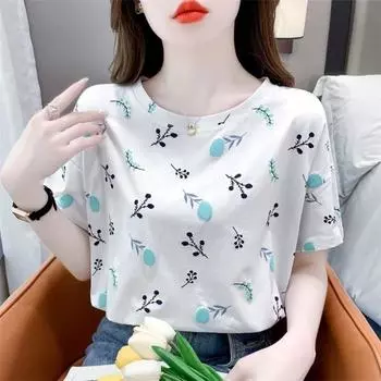 YYFS женские модные повседневные летние весенние блузки и рубашки с цветочным узором и коротким рукавом с круглым вырезом S белый
