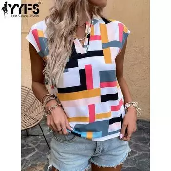 YYFS женские модные повседневные летние весенние блузки и рубашки с v-образным вырезом с геометрическим принтом S белый