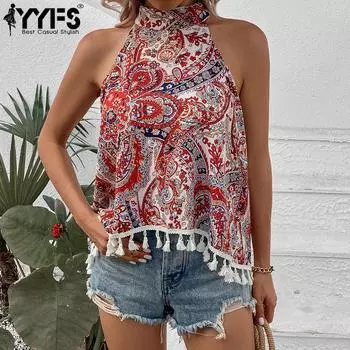 YYFS женские модные повседневные летние весенние блузки и рубашки без рукавов в богемном стиле с принтом S красный