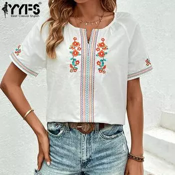 YYFS женские модные повседневные летние весенние блузки и рубашки с цветочным узором и коротким рукавом с v-образным вырезом S белый