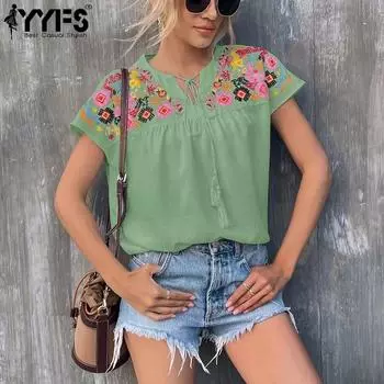 YYFS женские модные повседневные летние весенние блузки и рубашки с цветочным узором и коротким рукавом с круглым вырезом S белый