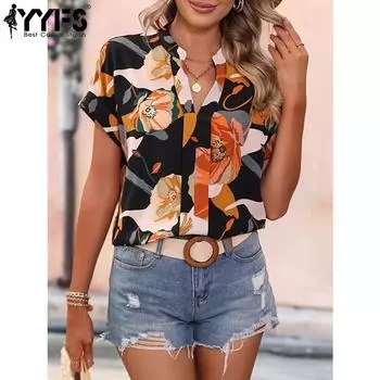 YYFS женские модные повседневные летние весенние блузки и рубашки с короткими рукавами и v-образным вырезом с цветным принтом S красный