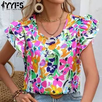 YYFS женские модные повседневные летние весенние блузки и рубашки с цветочным узором и коротким рукавом с круглым вырезом S фиолетовый