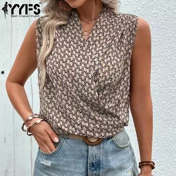 YYFS женские модные повседневные летние весенние блузки и рубашки без рукавов с v-образным вырезом и принтом S хаки