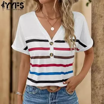 YYFS женские модные повседневные летние весенние блузки и рубашки с короткими рукавами и v-образным вырезом в полоску с принтом S белый