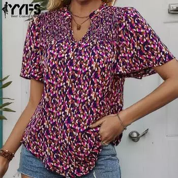 YYFS Женские модные повседневные летние весенние блузки и рубашки с короткими рукавами и v-образным вырезом с принтом S фиолетовый
