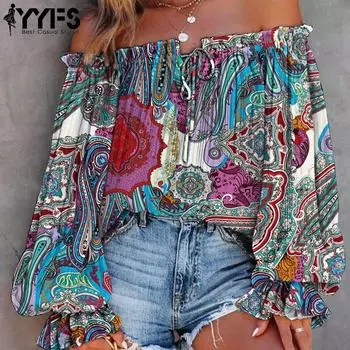 YYFS женские модные повседневные летние весенние блузки и рубашки на одно плечо с длинными рукавами S разноцветный
