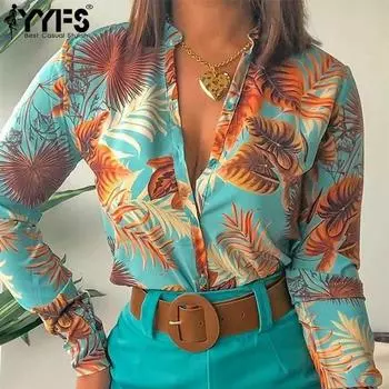 YYFS женские модные повседневные летние весенние блузки и рубашки с цветочным узором и принтом с длинными рукавами S зелёный