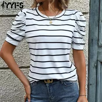YYFS женские модные повседневные летние весенние блузки и рубашки с короткими рукавами и круглым вырезом в полоску с принтом S белый