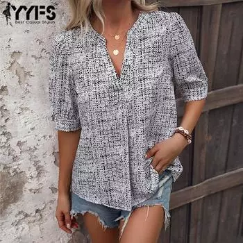 YYFS женские модные повседневные летние весенние блузки и рубашки с короткими рукавами и воротником-стойкой S белый