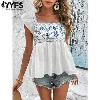 YYFS Женская мода Повседневный Лето Весна Цветочный узор Принт Короткий рукав Квадратный воротник Блузки и рубашки S белый