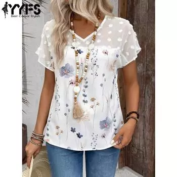 YYFS женские модные повседневные летние весенние блузки и рубашки с цветочным узором и коротким рукавом с v-образным вырезом S белый