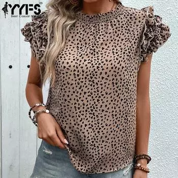 YYFS женские модные повседневные летние весенние блузки и рубашки с круглым вырезом и короткими рукавами с леопардовым принтом S хаки