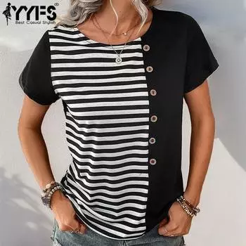 YYFS женские модные повседневные летние весенние блузки и рубашки с короткими рукавами и круглым вырезом в полоску с принтом S чёрный