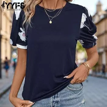 YYFS женские модные повседневные летние весенние блузки и рубашки с короткими рукавами и круглым вырезом S темно-синий