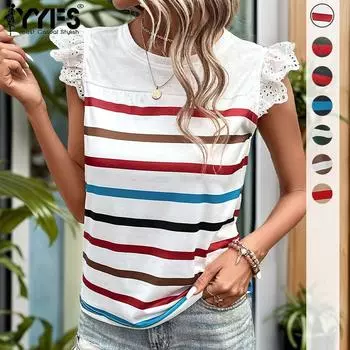 YYFS женские модные повседневные летние весенние блузки и рубашки с короткими рукавами и круглым вырезом в полоску с принтом S белый