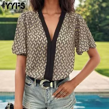 YYFS женские модные повседневные летние весенние блузки и рубашки с короткими рукавами и v-образным вырезом S хаки