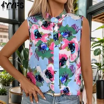 YYFS Женские модные повседневные летние весенние блузки и рубашки без рукавов с цветочным узором и воротником-стойкой S синий