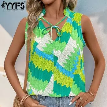 YYFS Женские модные повседневные летние весенние блузки и рубашки без рукавов с v-образным вырезом и растительным принтом S зелёный