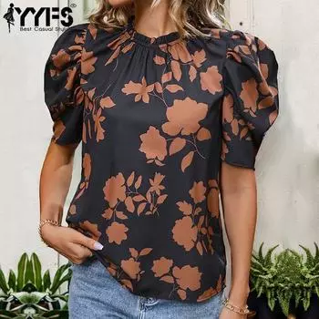 YYFS женские модные повседневные летние весенние блузки и рубашки с цветочным узором и коротким рукавом с круглым вырезом S чёрный