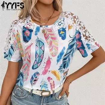 YYFS женские модные повседневные летние весенние блузки и рубашки с короткими рукавами и круглым вырезом с принтом перьев S белый