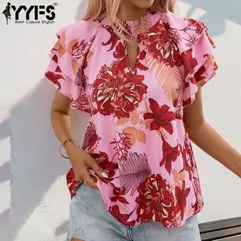 YYFS женские модные повседневные летние весенние блузки и рубашки с цветочным узором и коротким рукавом с круглым вырезом S красный