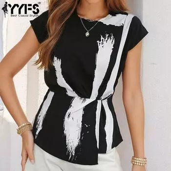 YYFS женские модные повседневные летние весенние блузки и рубашки с короткими рукавами и круглым вырезом S чёрный