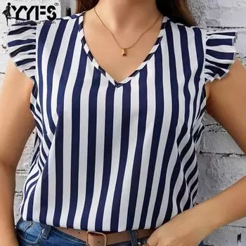 YYFS Женские модные повседневные летние весенние блузки и рубашки без рукавов с v-образным вырезом в полоску и принтом XL зелёный