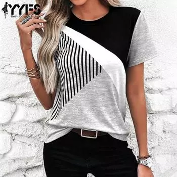 YYFS женские модные повседневные летние весенние блузки и рубашки с короткими рукавами и круглым вырезом в полоску с принтом S серый
