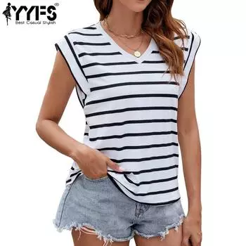 YYFS женские модные повседневные летние весенние блузки и рубашки с короткими рукавами и v-образным вырезом в полоску с принтом S