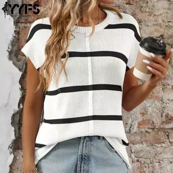 YYFS женские модные повседневные летние весенние блузки и рубашки с короткими рукавами и круглым вырезом с цветным принтом S белый