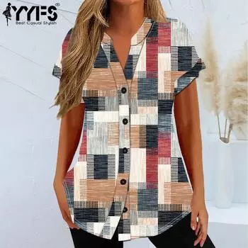 YYFS женские модные повседневные летние весенние блузки и рубашки с короткими рукавами и v-образным вырезом с цветным принтом S розовый