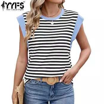 YYFS женские модные повседневные летние весенние блузки и рубашки с короткими рукавами и круглым вырезом в полоску с принтом S
