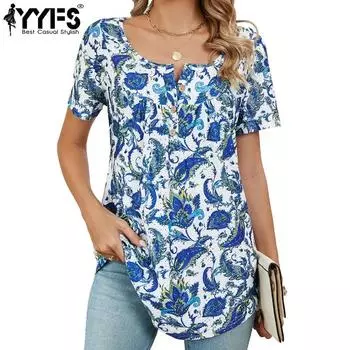 YYFS женские модные повседневные летние весенние блузки и рубашки с короткими рукавами и круглым вырезом с цветным принтом S