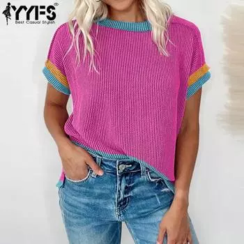 YYFS женские модные повседневные летние весенние блузки и рубашки с короткими рукавами и круглым вырезом с цветным принтом S