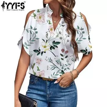 YYFS женские модные повседневные летние весенние блузки и рубашки с цветочным узором и коротким рукавом с v-образным вырезом S