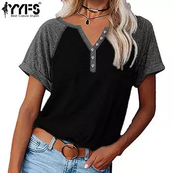 YYFS женские модные повседневные летние весенние блузки и рубашки с короткими рукавами и v-образным вырезом с цветным принтом S чёрный
