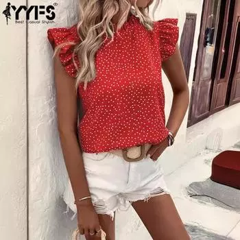 YYFS женские модные повседневные летние весенние блузки и рубашки в горошек с короткими рукавами и круглым вырезом S красный