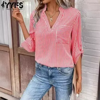 YYFS женские модные повседневные летние весенние блузки и рубашки с v-образным вырезом и рукавами 1/2 в полоску с принтом S красный