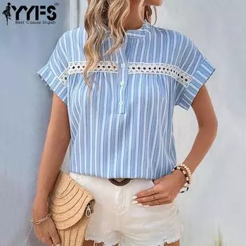 YYFS женские модные повседневные летние весенние блузки и рубашки с короткими рукавами и v-образным вырезом в полоску с принтом S синий