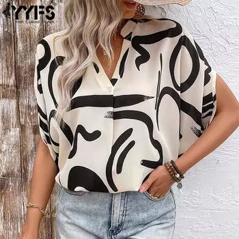 YYFS женские модные повседневные летние весенние блузки и рубашки с короткими рукавами и v-образным вырезом с цветным принтом S абрикосовый