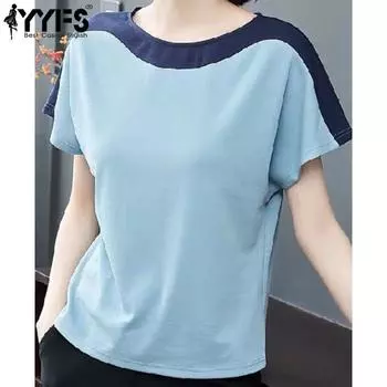 YYFS Женские модные повседневные летние весенние блузки и рубашки с короткими рукавами и круглым вырезом с цветным принтом M