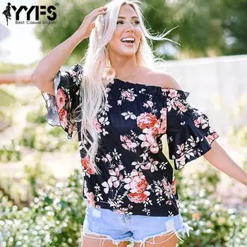 YYFS женские модные повседневные летние весенние блузки и рубашки с цветочным узором и коротким рукавом на одно плечо S