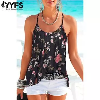 YYFS женские модные повседневные летние весенние блузки и рубашки без рукавов с круглым вырезом и цветочным узором S