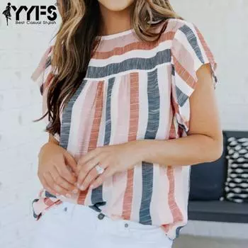 YYFS женские модные повседневные летние весенние блузки и рубашки с короткими рукавами и круглым вырезом в полоску с принтом S