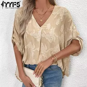 YYFS женские модные повседневные летние весенние блузки и рубашки с короткими рукавами и v-образным вырезом S хаки