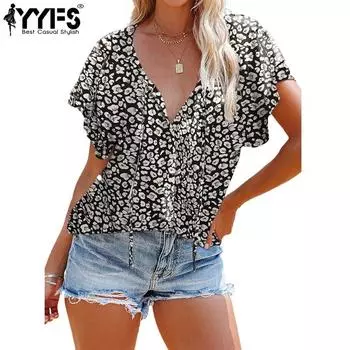 YYFS женские модные повседневные летние весенние блузки и рубашки с цветочным узором и коротким рукавом с v-образным вырезом S чёрный